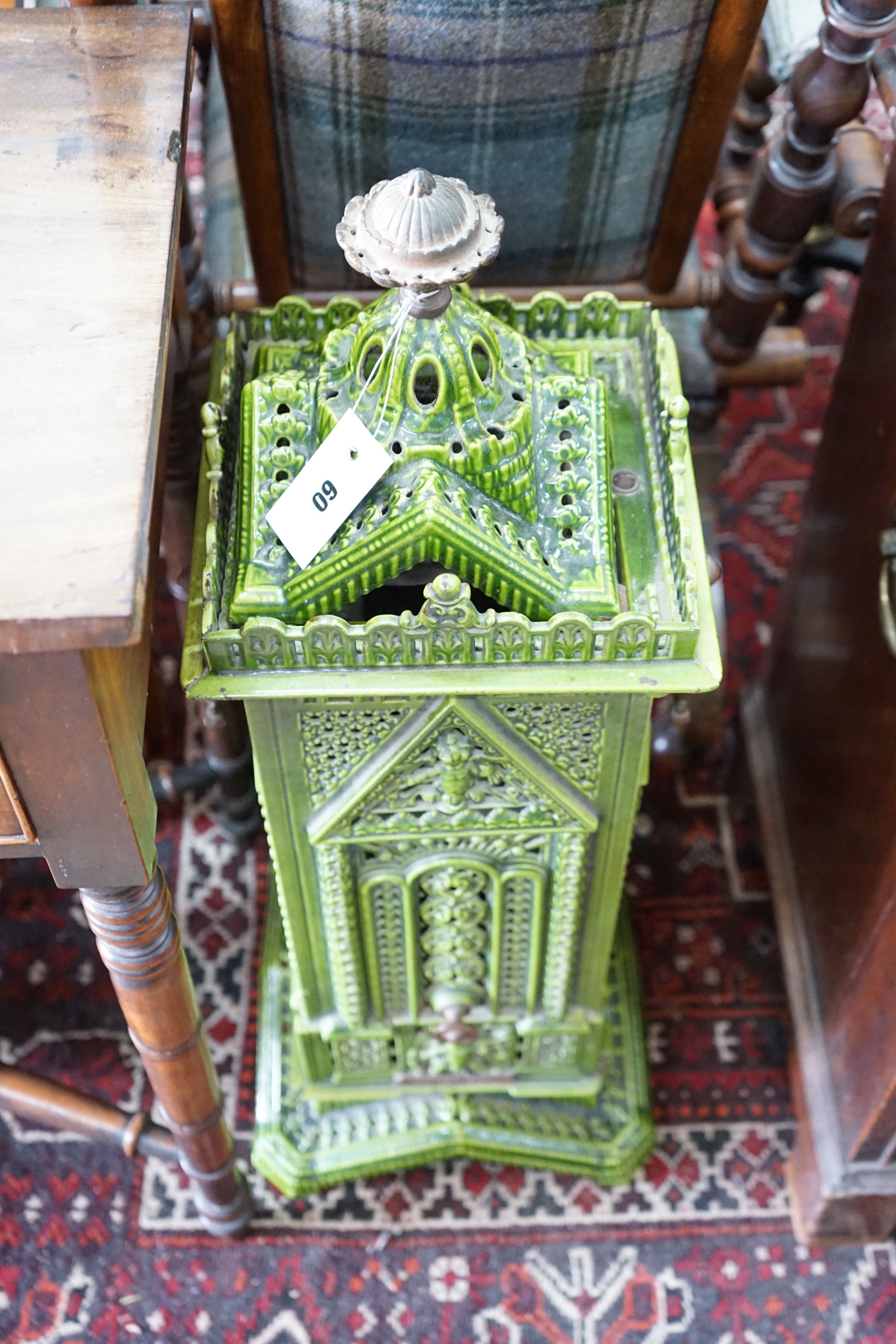 A late 19th century French enamelled conservatory heater, height 80cm